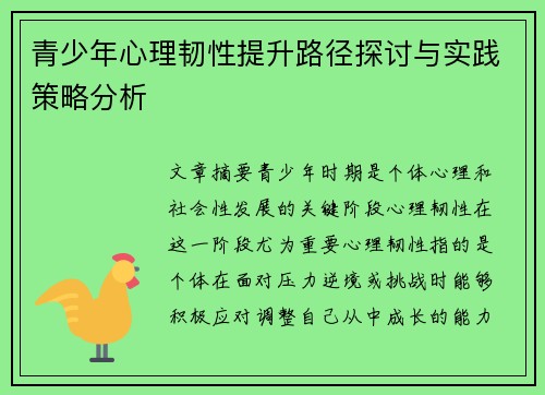 青少年心理韧性提升路径探讨与实践策略分析 青少年心理韧性提升路径探讨与实践策略分析